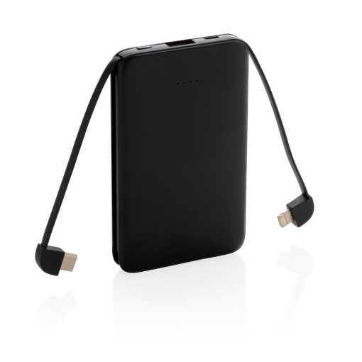 Power bank 5000 mAh, zintegrowany kabel 3 w 1 z nadrukiem Twojego logo, materiał: plastik, kolor: czarny