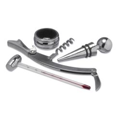 Zestaw do wina, 4 el. z nadrukiem Twojego logo, materiał: metal, drewno, kolor: srebrny Zestaw do wina, 4 el. z nadrukiem Twojego logo, materiał: metal, drewno, kolor: srebrny