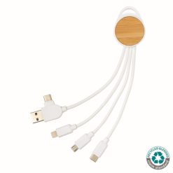 Kabel do ładowania Ontario z nadrukiem Twojego logo, materiał: bambus, tpe, kolor: biały