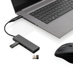 Hub USB 2.0 z USB C, aluminium z recyklingu z nadrukiem Twojego logo, materiał: plastik, aluminium, kolor: szary