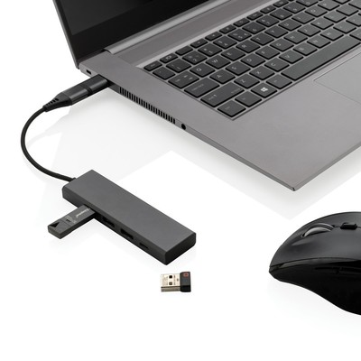 Hub USB 2.0 z USB C, aluminium z recyklingu z nadrukiem Twojego logo, materiał: plastik, aluminium, kolor: szary Hub USB 2.0 z USB C, aluminium z recyklingu z nadrukiem Twojego logo, materiał: plastik, aluminium, kolor: szary