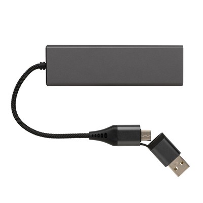 Hub USB 2.0 z USB C, aluminium z recyklingu z nadrukiem Twojego logo, materiał: plastik, aluminium, kolor: szary Hub USB 2.0 z USB C, aluminium z recyklingu z nadrukiem Twojego logo, materiał: plastik, aluminium, kolor: szary