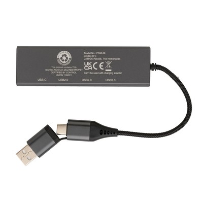Hub USB 2.0 z USB C, aluminium z recyklingu z nadrukiem Twojego logo, materiał: plastik, aluminium, kolor: szary Hub USB 2.0 z USB C, aluminium z recyklingu z nadrukiem Twojego logo, materiał: plastik, aluminium, kolor: szary