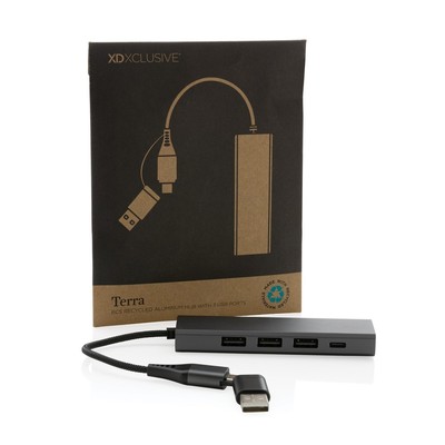Hub USB 2.0 z USB C, aluminium z recyklingu z nadrukiem Twojego logo, materiał: plastik, aluminium, kolor: szary Hub USB 2.0 z USB C, aluminium z recyklingu z nadrukiem Twojego logo, materiał: plastik, aluminium, kolor: szary