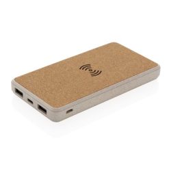 Bezprzewodowy power bank 8000 mAh z nadrukiem Twojego logo, materiał: korek, słoma pszeniczna, kolor: khaki