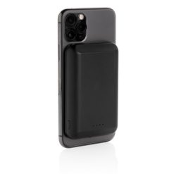 Magnetyczny, bezprzewodowy power bank 5000 mAh, 5W z nadrukiem Twojego logo, materiał: plastik, tpe, kolor: czarny