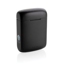 Douszne słuchawki bezprzewodowe z panelem słonecznym Skywave z nadrukiem Twojego logo, kolor: czarny