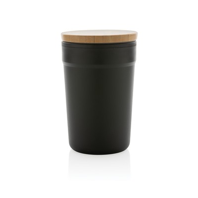 Kubek podróżny 300 ml z PP z recyklingu z nadrukiem Twojego logo, materiał: bambus, kolor: czarny Kubek podróżny 300 ml z PP z recyklingu z nadrukiem Twojego logo, materiał: bambus, kolor: czarny