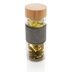 Szklana butelka 360 ml w pokrowcu z nadrukiem Twojego logo, materiał: bambus, szkło, kolor: neutralny