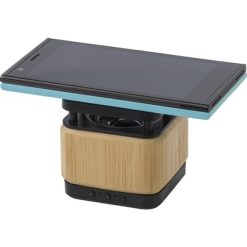 Bambusowy głośnik bezprzewodowy 3W, ładowarka bezprzewodowa 3W z nadrukiem Twojego logo, materiał: plastik, bambus, kolor: brązowy