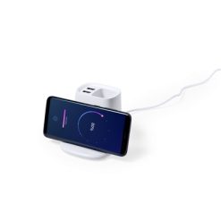 Ładowarka bezprzewodowa 5W, hub USB, pojemnik na przybory do pisania, stojak na telefon z nadrukiem Twojego logo, materiał: plastik, kolor: biały