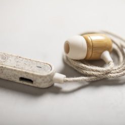 Bambusowe bezprzewodowe słuchawki douszne z nadrukiem Twojego logo, materiał: plastik, bambus, słoma pszeniczna, kolor: neutralny