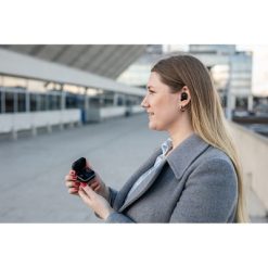 Bezprzewodowe słuchawki douszne | Graham z nadrukiem Twojego logo, materiał: plastik, kolor: czarny