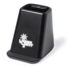 Ładowarka bezprzewodowa 15W, pojemnik na przybory do pisania, stojak na telefon z nadrukiem Twojego logo, materiał: plastik, kolor: czarny