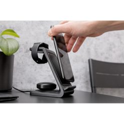 Ładowarka bezprzewodowa 15W, 3 w 1, stojak na telefon | Todd z nadrukiem Twojego logo, materiał: plastik, kolor: czarny