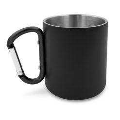 Kubek 280 ml ze stali nierdzewnej z recyklingu, z karabińczykiem | Pari z nadrukiem Twojego logo, materiał: aluminium, stal nierdzewna, stal, kolor: czarny
