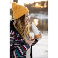 Butelka termiczna 500 ml z bambusowym elementem | Blake z nadrukiem Twojego logo, materiał: bambus, stal nierdzewna, stal, kolor: biały