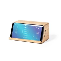 Bambusowy głośnik bezprzewodowy 3W, bezprzewodowa ładowarka 10W z nadrukiem Twojego logo, materiał: bambus, kolor: jasnobrązowy