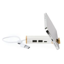 Hub USB i USB-C ze zrecyklingowanych kartoników po mleku, stojak na telefon z nadrukiem Twojego logo, materiał: karton, bambus, kolor: biały