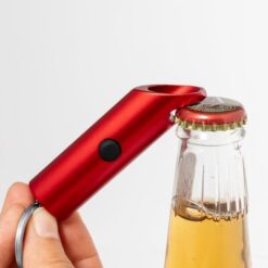 Brelok do kluczy z aluminium z recyklingu, otwieracz do butelek, lampka LED z nadrukiem Twojego logo, materiał: aluminium, kolor: czarny