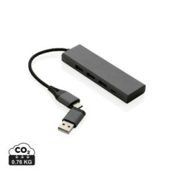Hub USB 2.0 z USB C, aluminium z recyklingu z nadrukiem Twojego logo, materiał: plastik, aluminium, kolor: szary