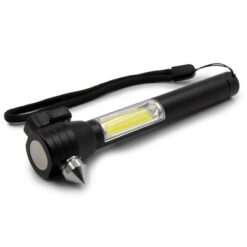 Latarka bezpieczeństwa 1 LED COB, przecinak do pasów, młotek bezpieczeństwa | Flint z nadrukiem Twojego logo, materiał: metal, kolor: czarny