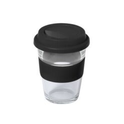 Szklany kubek podróżny 350 ml z nadrukiem Twojego logo, materiał: szkło, silikon, kolor: czarny