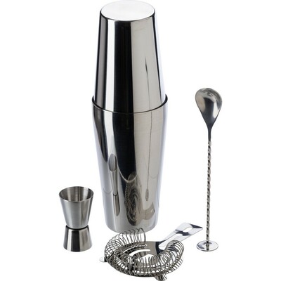 Zestaw do koktajli, shaker, 4 el. z nadrukiem Twojego logo, materiał: poliester, stal nierdzewna, stal, kolor: srebrny Zestaw do koktajli, shaker, 4 el. z nadrukiem Twojego logo, materiał: poliester, stal nierdzewna, stal, kolor: srebrny