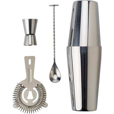 Zestaw do koktajli, shaker, 4 el. z nadrukiem Twojego logo, materiał: poliester, stal nierdzewna, stal, kolor: srebrny Zestaw do koktajli, shaker, 4 el. z nadrukiem Twojego logo, materiał: poliester, stal nierdzewna, stal, kolor: srebrny