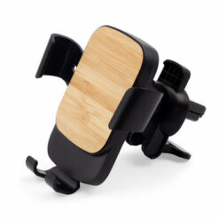 Grawitacyjny samochodowy uchwyt do telefonu, ładowarka bezprzewodowa 15W | Amberle z nadrukiem Twojego logo, materiał: plastik, bambus, kolor: czarny