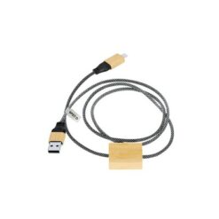 Kabel do ładowania i synchronizacji z poliestru RPET, bambusowe elementy z nadrukiem Twojego logo, materiał: bambus, poliester, rpet, kolor: beżowy