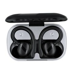 Bezprzewodowe słuchawki douszne z nadrukiem Twojego logo, materiał: plastik, kolor: czarny