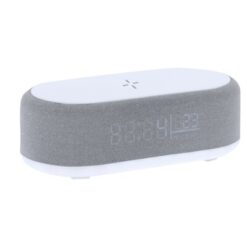 Ładowarka bezprzewodowa 15W, głośnik bezprzewodowy 5W, zegar, lampka LED z nadrukiem Twojego logo, materiał: plastik, poliester, kolor: szary