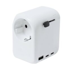 Adapter podróżny z nadrukiem Twojego logo, materiał: plastik, kolor: biały