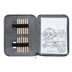 Zestaw do kolorowania z filcu RPET, kredki, temperówka, gumka z nadrukiem Twojego logo, materiał: rpet, filc, kolor: szary