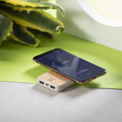 Bezprzewodowy power bank 5000 mAh ze słomy pszenicznej, ładowarka bezprzewodowa 5W z nadrukiem Twojego logo, materiał: plastik, korek, słoma pszeniczna, kolor: neutralny