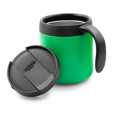 Kubek termiczny 400 ml z rączką | Wyatt z nadrukiem Twojego logo, materiał: plastik, stal nierdzewna, stal, kolor: zielony Kubek termiczny 400 ml z rączką | Wyatt z nadrukiem Twojego logo, materiał: plastik, stal nierdzewna, stal, kolor: zielony