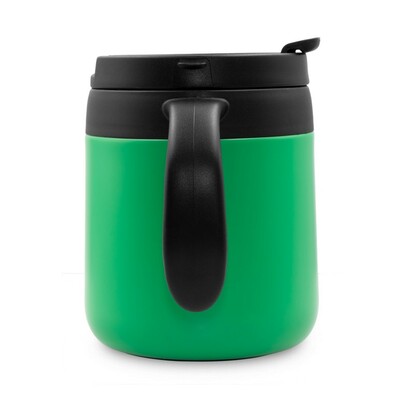 Kubek termiczny 400 ml z rączką | Wyatt z nadrukiem Twojego logo, materiał: plastik, stal nierdzewna, stal, kolor: zielony Kubek termiczny 400 ml z rączką | Wyatt z nadrukiem Twojego logo, materiał: plastik, stal nierdzewna, stal, kolor: zielony