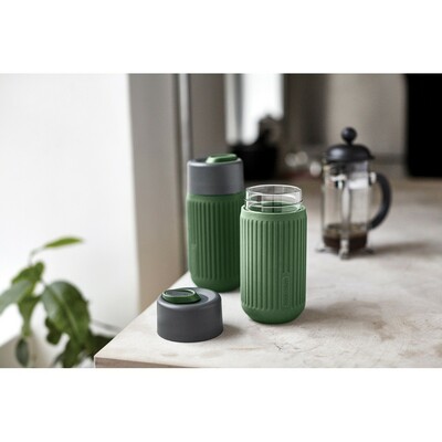 Kubek termiczny 340 ml Black+Blum z nadrukiem Twojego logo, materiał: szkło, silikon, kolor: zielony Kubek termiczny 340 ml Black+Blum z nadrukiem Twojego logo, materiał: szkło, silikon, kolor: zielony