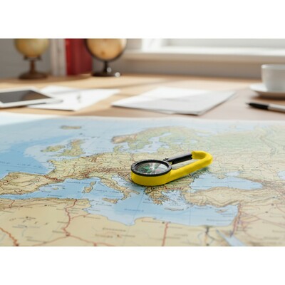 Kompas z karabińczykiem | Madu z nadrukiem Twojego logo, materiał: plastik, kolor: żółty Kompas z karabińczykiem | Madu z nadrukiem Twojego logo, materiał: plastik, kolor: żółty