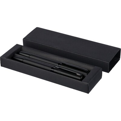 Zestaw piśmienniczy, długopis i pióro kulkowe z nadrukiem Twojego logo, materiał: metal, mosiądz, kolor: czarny Zestaw piśmienniczy, długopis i pióro kulkowe z nadrukiem Twojego logo, materiał: metal, mosiądz, kolor: czarny