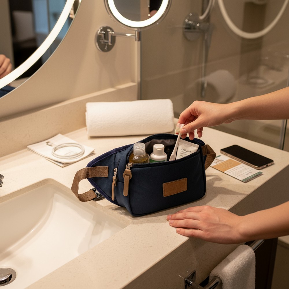 Saszetka zapinana w pasie RPET B'RIGHT | Roudeline z nadrukiem Twojego logo, materiał: poliester, rpet, kolor: granatowy Saszetka zapinana w pasie RPET B'RIGHT | Roudeline z nadrukiem Twojego logo, materiał: poliester, rpet, kolor: granatowy