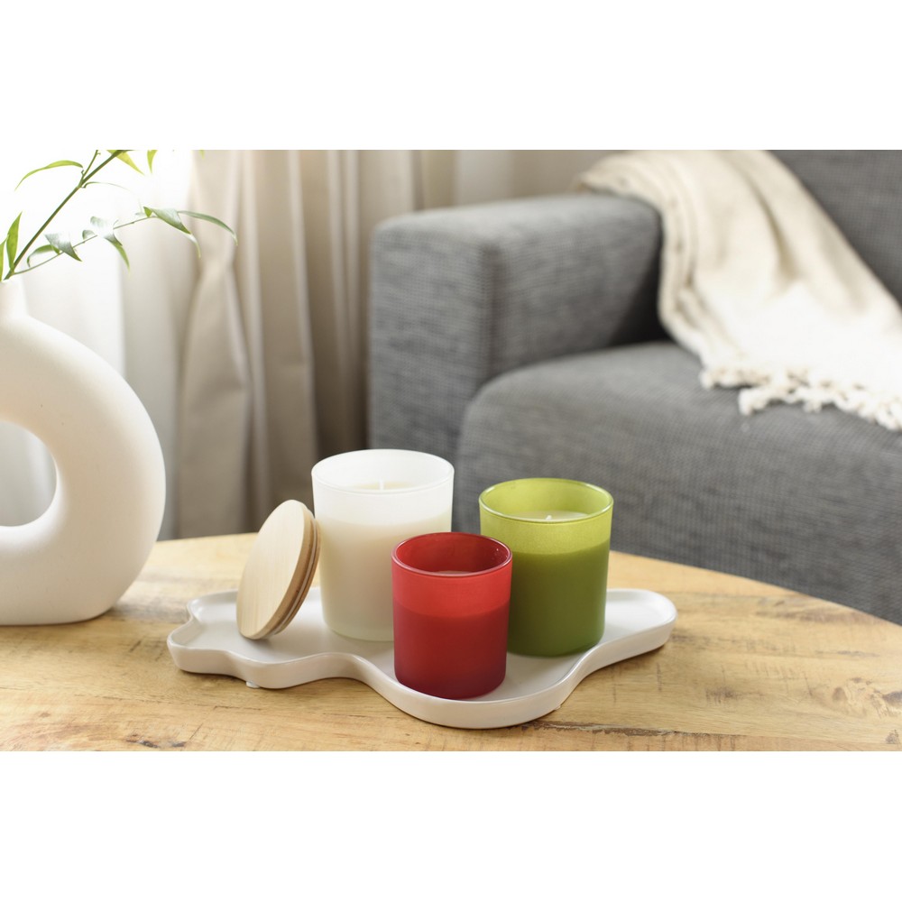 Świeczka zapachowa z nadrukiem Twojego logo, materiał: bambus, szkło, kolor: czerwony Świeczka zapachowa z nadrukiem Twojego logo, materiał: bambus, szkło, kolor: czerwony