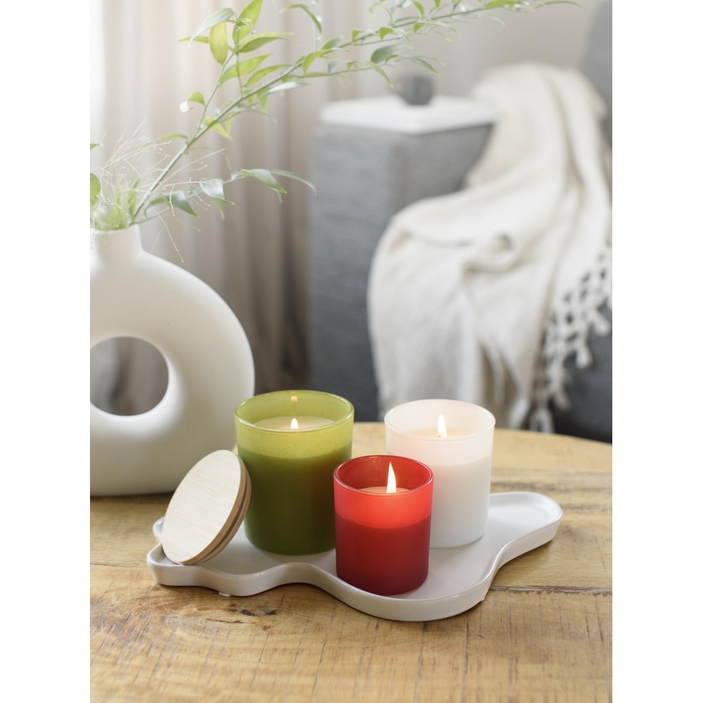 Świeczka zapachowa z nadrukiem Twojego logo, materiał: bambus, szkło, kolor: czerwony Świeczka zapachowa z nadrukiem Twojego logo, materiał: bambus, szkło, kolor: czerwony