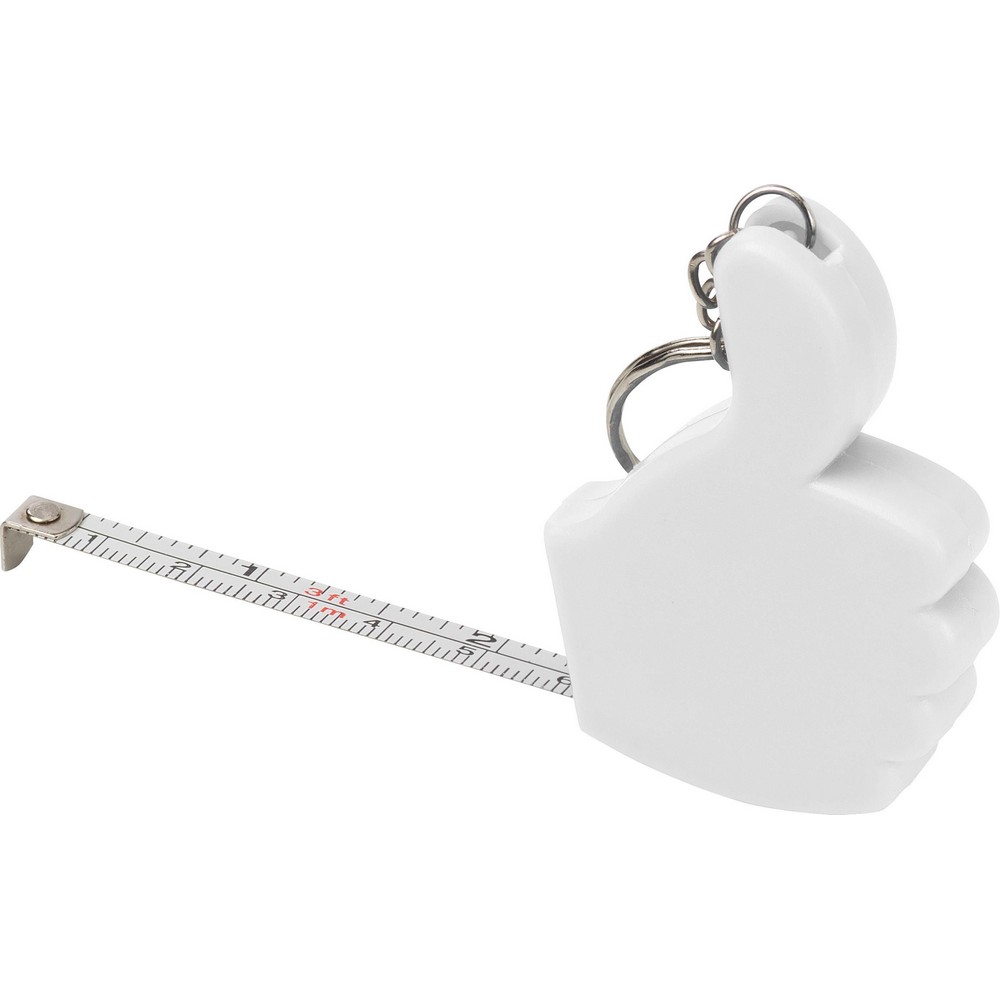 Brelok do kluczy "kciuk", miara 1m z nadrukiem Twojego logo, materiał: metal, pe, kolor: biały Brelok do kluczy "kciuk", miara 1m z nadrukiem Twojego logo, materiał: metal, pe, kolor: biały