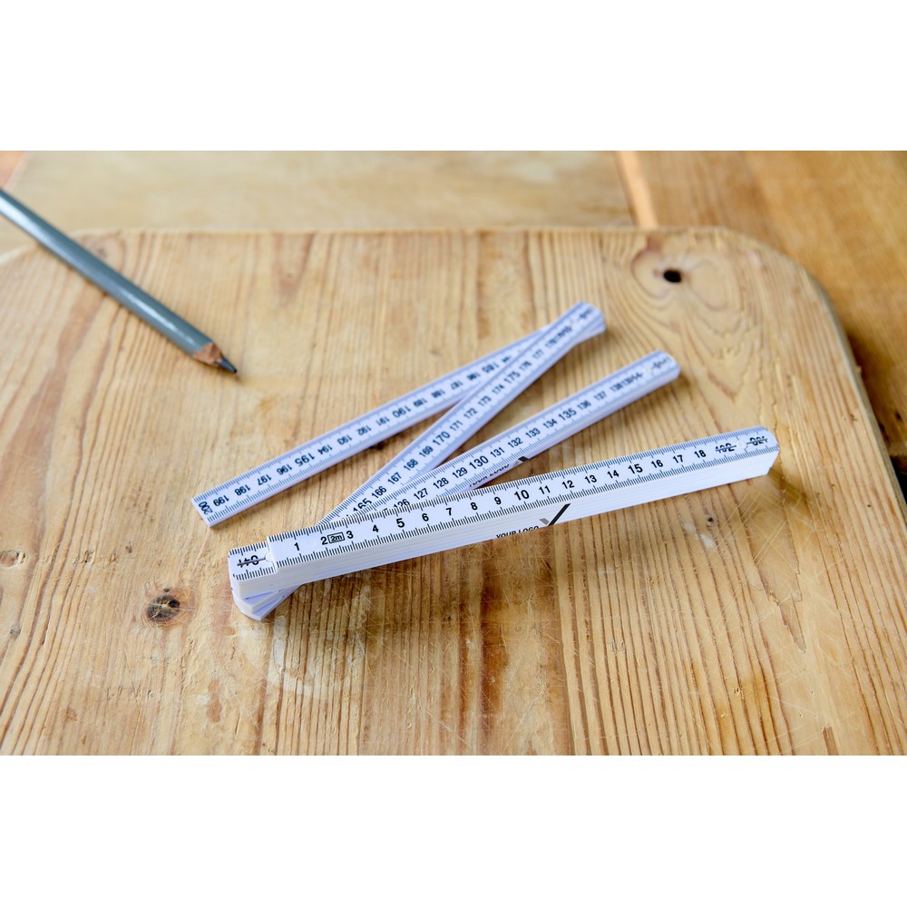 Miara 2m, składana z nadrukiem Twojego logo, materiał: plastik, kolor: biały Miara 2m, składana z nadrukiem Twojego logo, materiał: plastik, kolor: biały