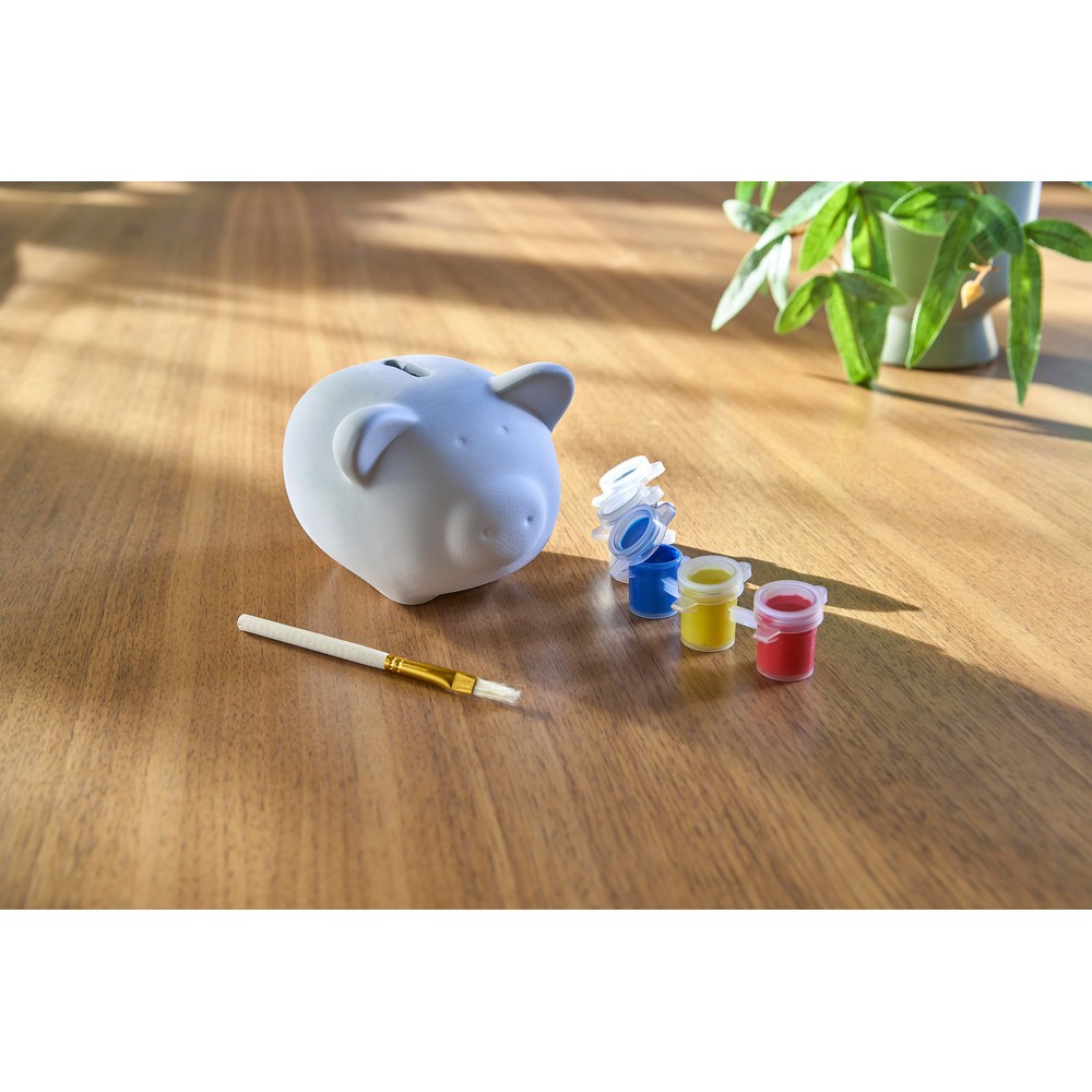 Skarbonka "świnka" do malowania, farbki i pędzelek z nadrukiem Twojego logo, materiał: metal, drewno, gips, kolor: biały Skarbonka "świnka" do malowania, farbki i pędzelek z nadrukiem Twojego logo, materiał: metal, drewno, gips, kolor: biały