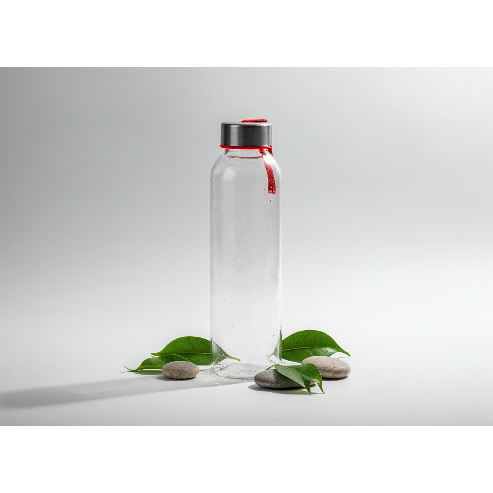 Szklana butelka 500 ml z kolorową wstążką | Viivi z nadrukiem Twojego logo, materiał: szkło, stal nierdzewna, stal, kolor: czerwony Szklana butelka 500 ml z kolorową wstążką | Viivi z nadrukiem Twojego logo, materiał: szkło, stal nierdzewna, stal, kolor: czerwony
