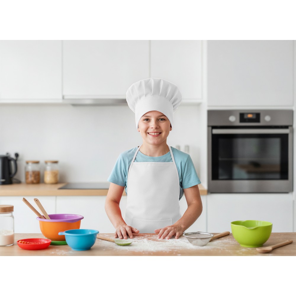 Zestaw małego kucharza, fartuch kuchenny i czapka kucharska, rozmiar dziecięcy | Nedina z nadrukiem Twojego logo, materiał: non-woven, kolor: biały Zestaw małego kucharza, fartuch kuchenny i czapka kucharska, rozmiar dziecięcy | Nedina z nadrukiem Twojego logo, materiał: non-woven, kolor: biały