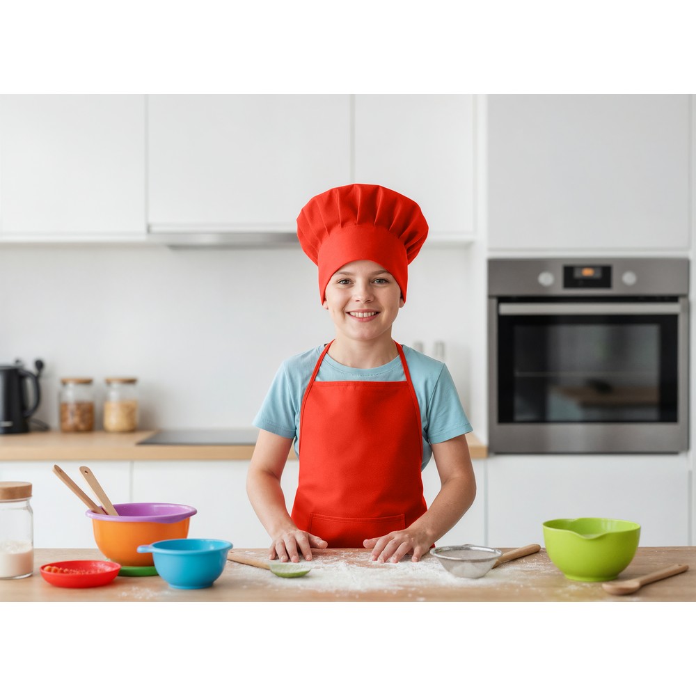 Zestaw małego kucharza, fartuch kuchenny i czapka kucharska, rozmiar dziecięcy | Nedina z nadrukiem Twojego logo, materiał: non-woven, kolor: czerwony Zestaw małego kucharza, fartuch kuchenny i czapka kucharska, rozmiar dziecięcy | Nedina z nadrukiem Twojego logo, materiał: non-woven, kolor: czerwony
